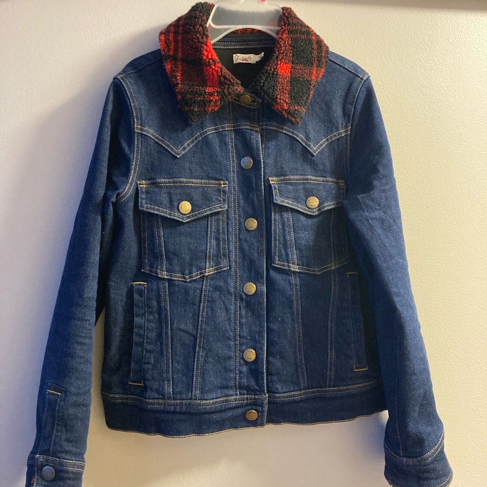 Faherty Andie Denim Jean Trucker Jacket Buffalo Plaid Sherpa Collar Womens Sz XS
